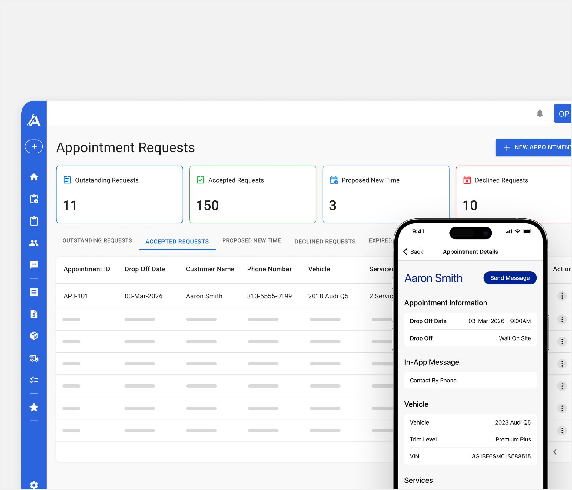 Apex online booking dashboard showing appointment requests and details